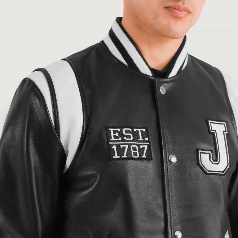 Mens Liberte New Jersey Black Leather Varsity Jacket Close Front-5-1704193246685